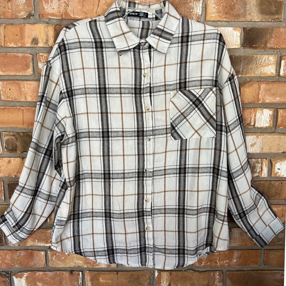 Shein Women’s Plaid Multicolored Long Sleeve Button Down Flannel Top Size Small